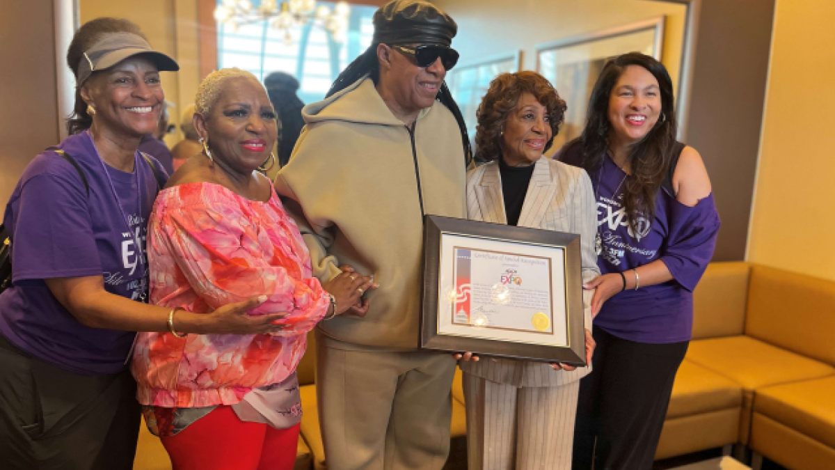 (Pictured left to right: Karen Slade, Karen Waters, Stevie Wonder, Congresswoman Maxine Waters, Adai Lamar)